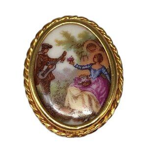 Vintage Limoges Oval Porcelain Brooch Regency Style Gold Frame Hand Painted